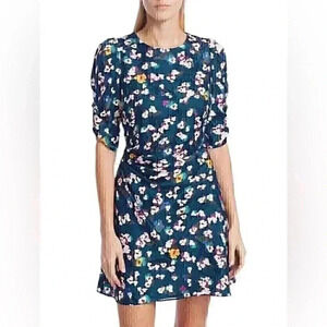 Tanya Taylor Liz Silk Floral Dress Women 10 Blue Artsy Fairycore Ruched Mini NWT